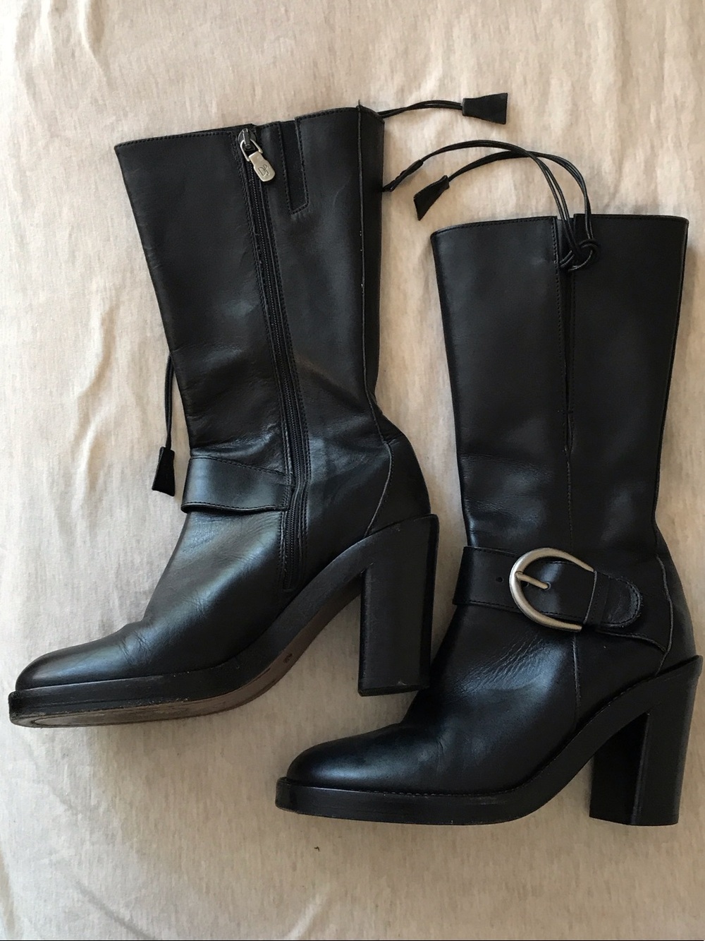 Donald J. Pliner Black Leather Mid-Calf Moto Block Heel Boots